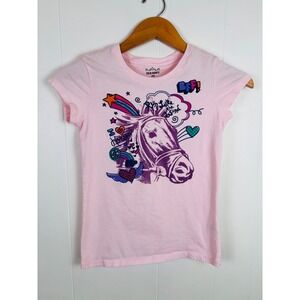 Vintage Y2K Old‎ Navy Kids Girls Pink Horse Graphic T Shirt Size Large (10-12)